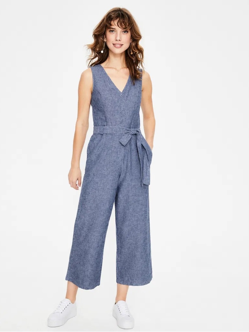 Boden Verity Jumpsuit Cotton Linen Blend Chambray Button Front Tie Waist size 4
